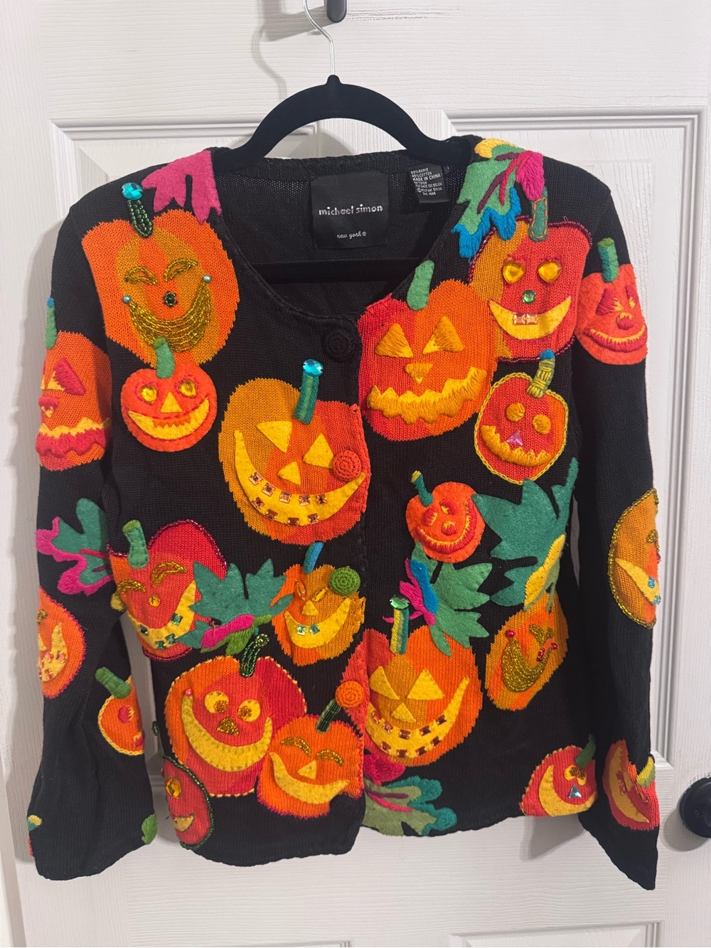Vintage Michael Simon New York Halloween Pumpkin Cardigan Sweater Beaded 90s